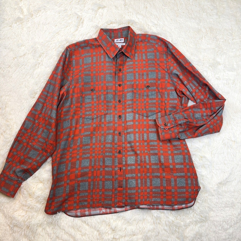 JCRT Flannel Shirt Mens L Red Grey Plaid Portland Cotton Button Down